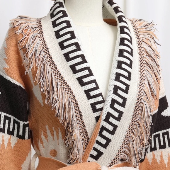SOLD OUT Aztec Tribal Cowichan Fringe Cardigan Sweater Wrap - Picture 5 of 8